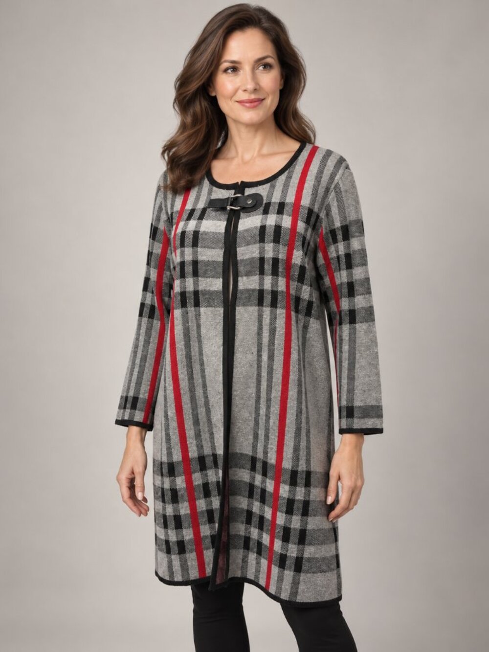 Anne Klein L Gray Black Red Plaid Long Cardigan Sweater Buckle Preppy Fall